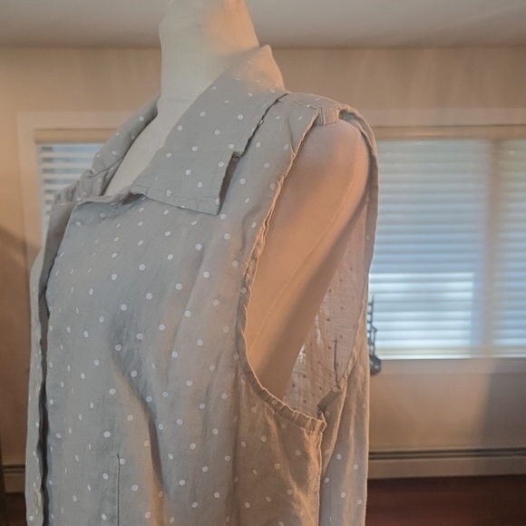 FLAX 100% Linen Lagenlook Sleeveless Polka Dot Shift Dress Gray White Medium - Picture 6 of 10